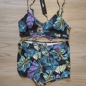 Fashion Nova Blue and Black Leaf Bikini